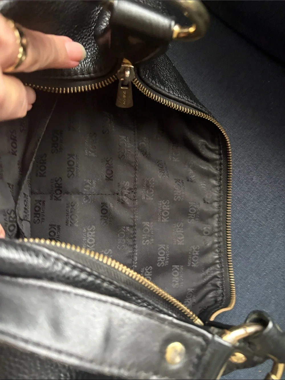 Michael Kors Black Pebbled Leather Shoulder Bag with Gold MK Logo